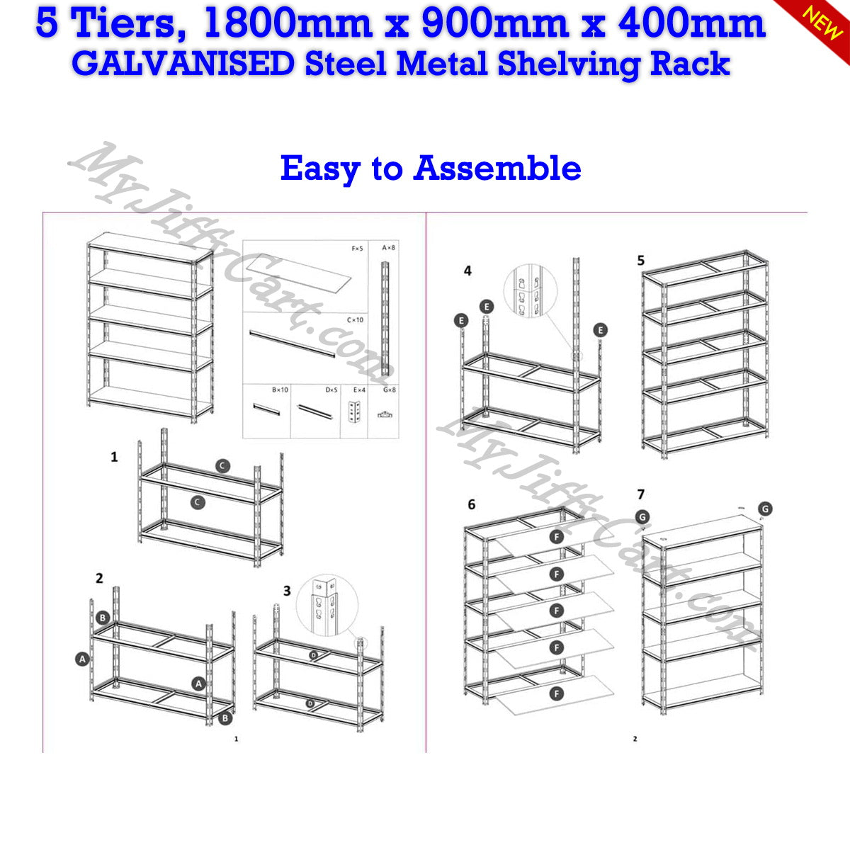 5 TIERS GALVANISED STEEL (180x90x40)cm BOLTLESS SCREWLESS METAL SHELVING RACKING FOR SHED GARAGE HOME OFFICE BUSINESS WAREHOUSE