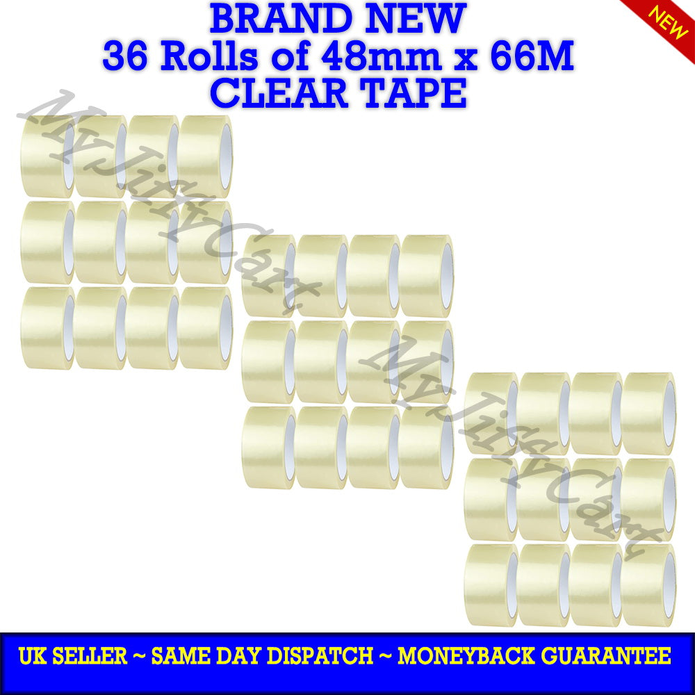 36 ROLLS OF 48mm X 66M CLEAR CARTON SEALING STRONG ADHESIVE TAPE