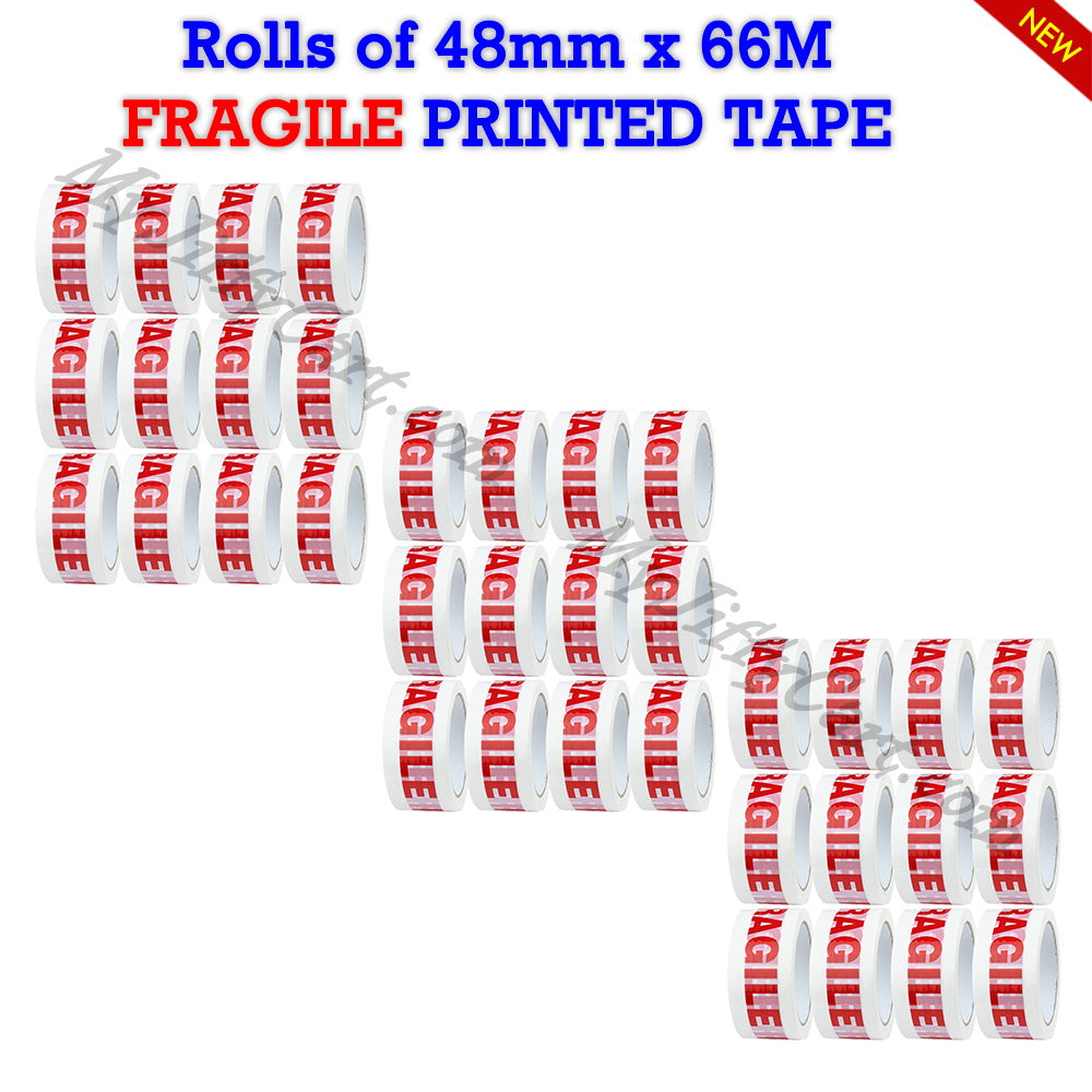ROLLS OF 48mm X 66M FRAGILE PRINTED CARTON SEALING STRONG ADHESIVE PACKING TAPE
