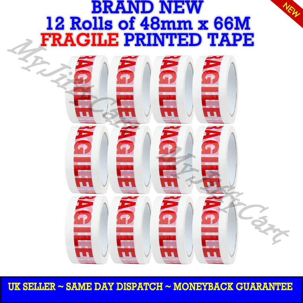 12 ROLLS OF 48mm X 66M FRAGILE PRINTED CARTON SEALING STRONG ADHESIVE TAPE