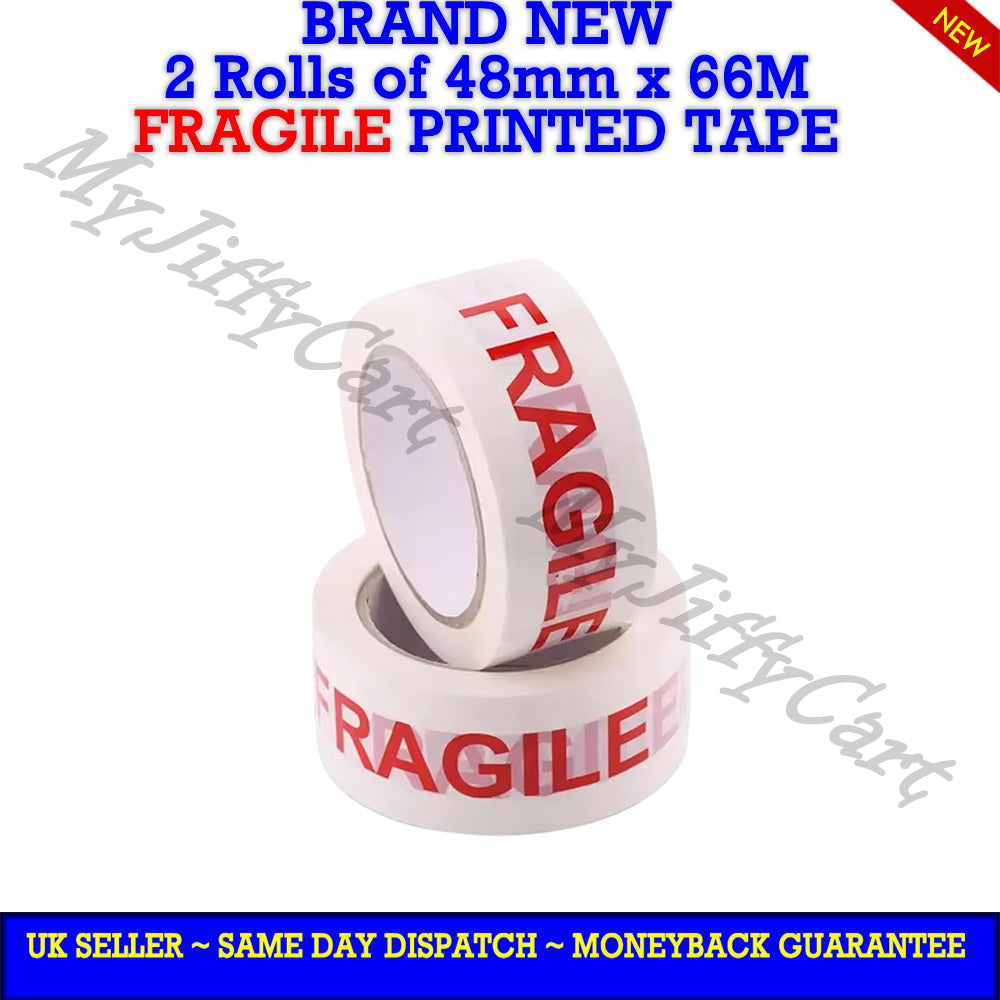 2 ROLLS OF 48mm X 66M FRAGILE PRINTED CARTON SEALING STRONG ADHESIVE TAPE
