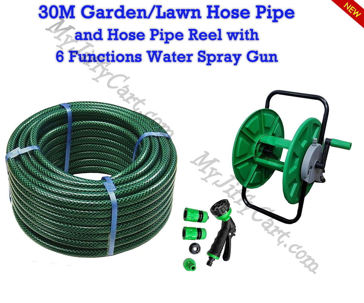 10M/15M/30M/50M/75M/100M GARDEN LAWN HOSEPIPE, REINFORCED, BRAIDED, WATERING HOSEPIPE WITH HOSE REEL CART AND WATER SPRAY GUN