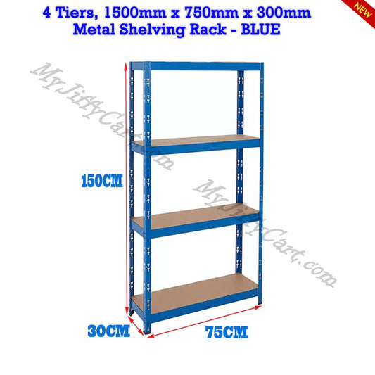 4 TIERS BLUE STEEL (150x75x30)cm BOLTLESS SCREWLESS METAL SHELVING RACKING FOR SHED GARAGE HOME OFFICE BUSINESS WAREHOUSE