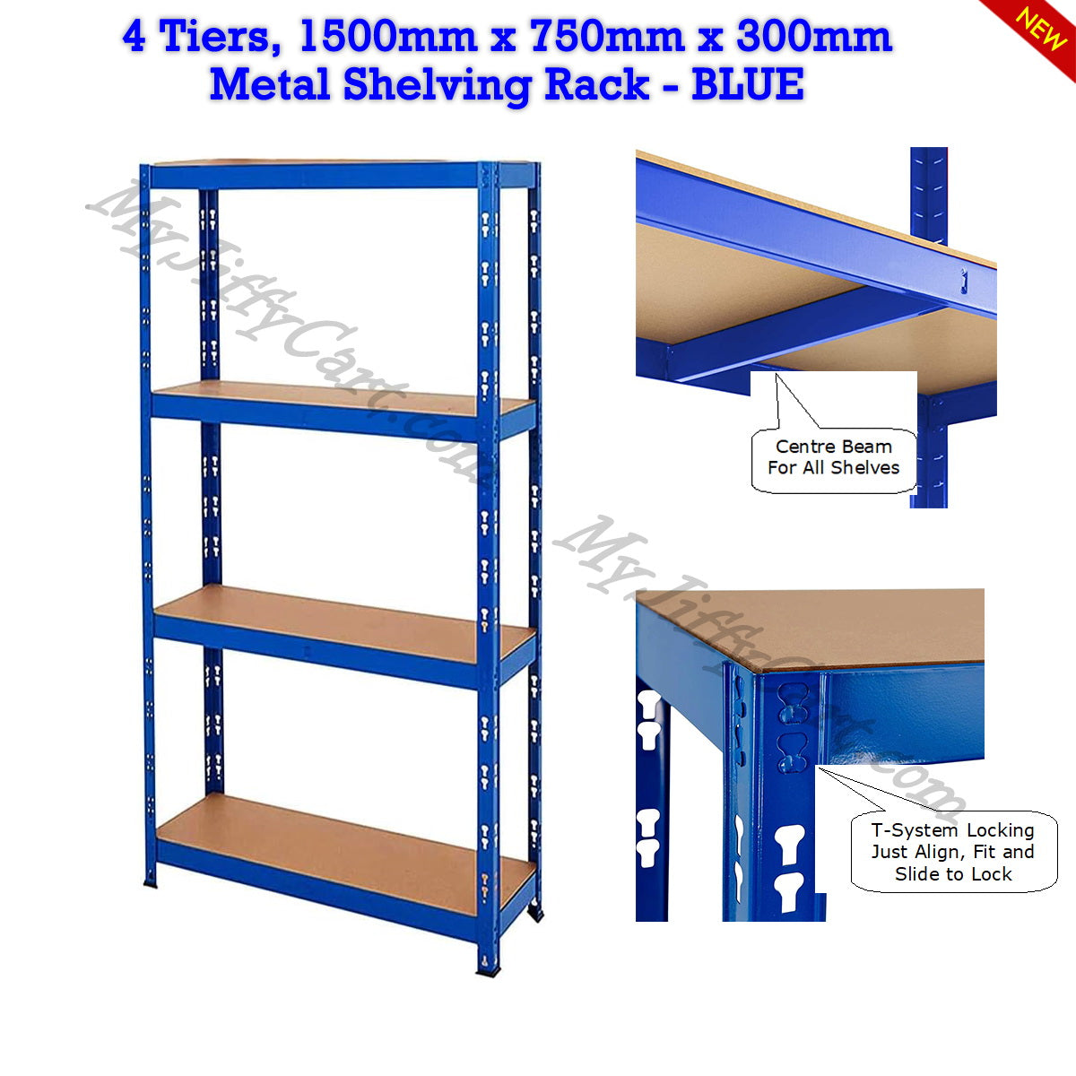 4 TIERS BLUE STEEL (150x75x30)cm BOLTLESS SCREWLESS METAL SHELVING RACKING FOR SHED GARAGE HOME OFFICE BUSINESS WAREHOUSE