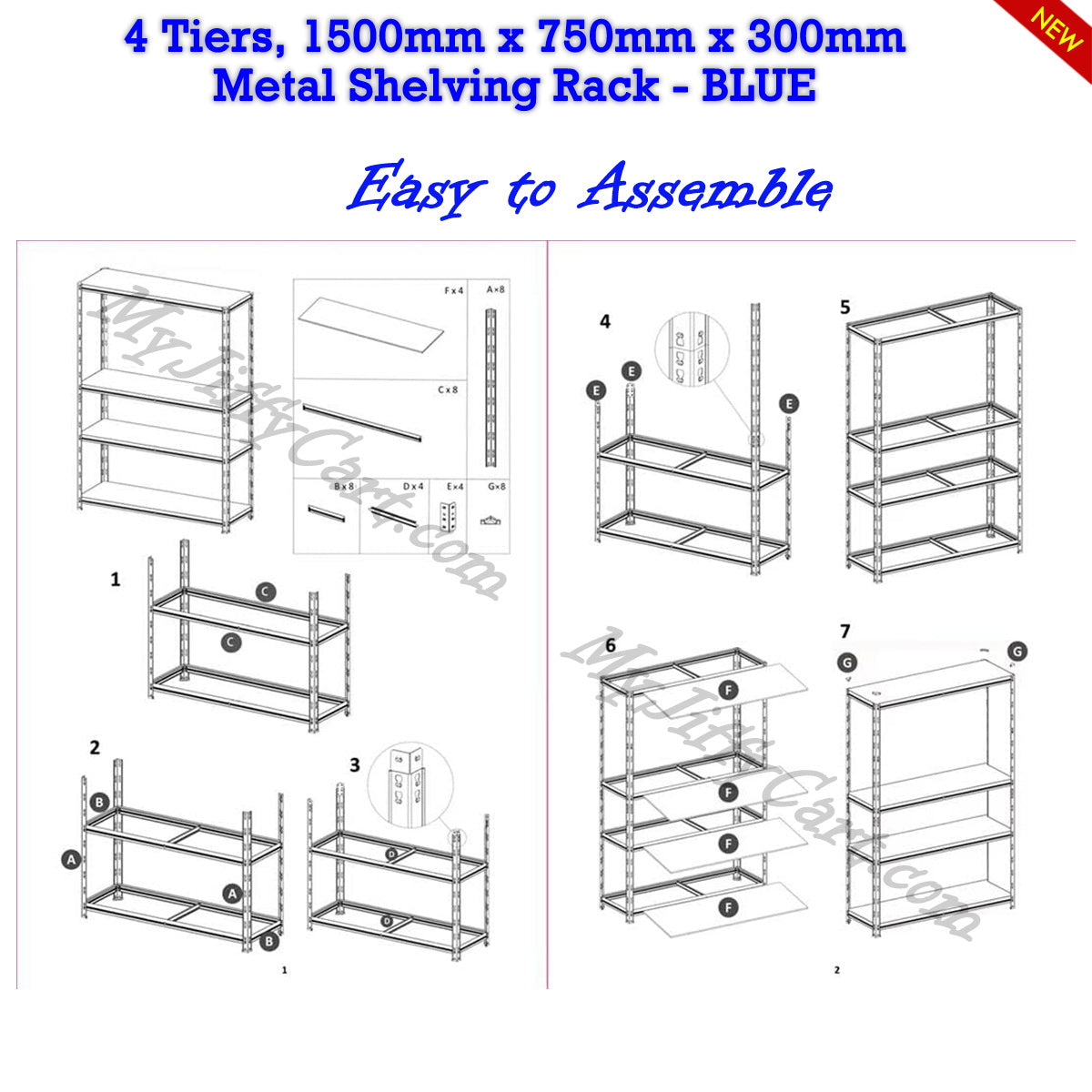 4 TIERS BLUE STEEL (150x75x30)cm BOLTLESS SCREWLESS METAL SHELVING RACKING FOR SHED GARAGE HOME OFFICE BUSINESS WAREHOUSE