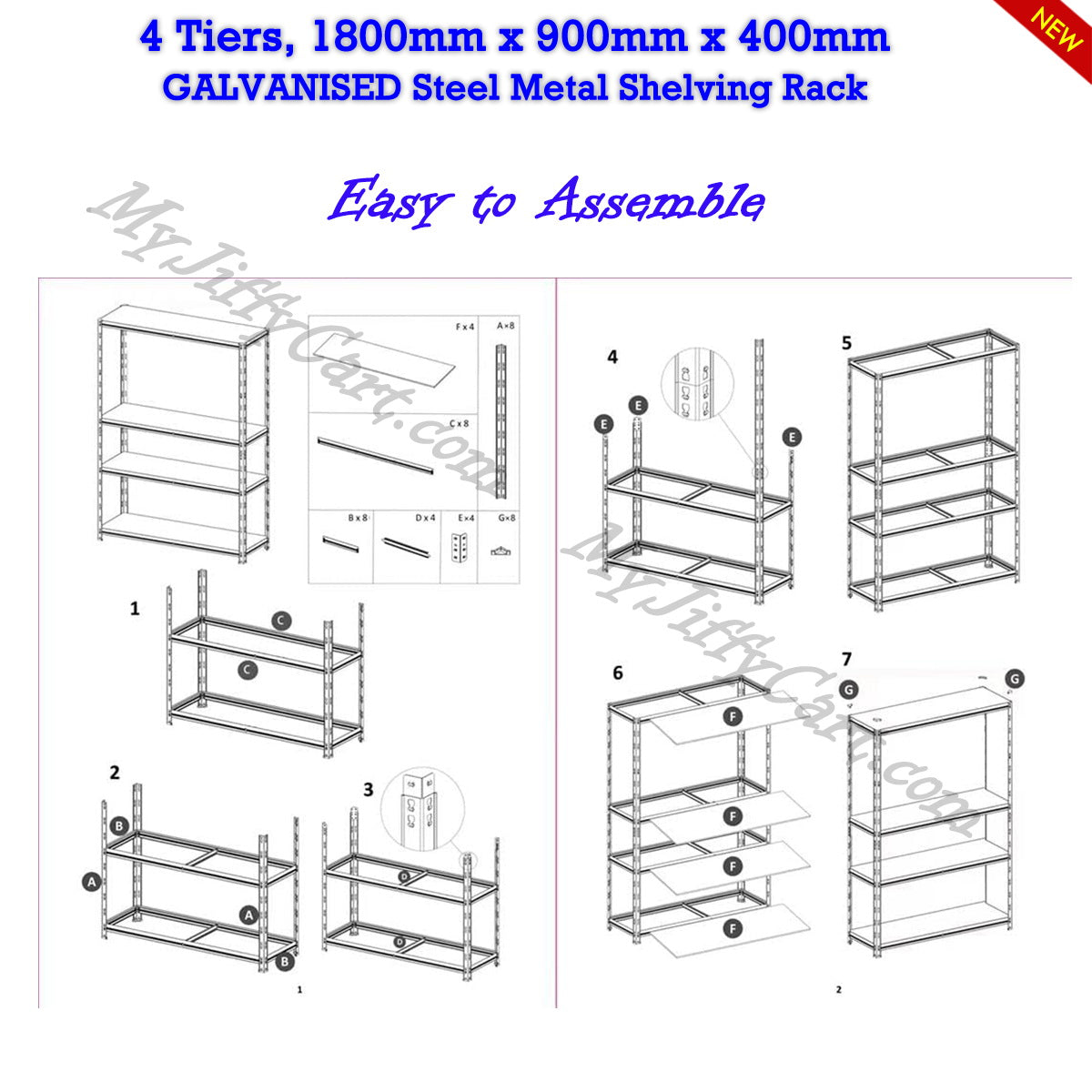 4 TIERS GALVANISED STEEL (180x90x40)cm BOLTLESS SCREWLESS METAL SHELVING RACKING FOR SHED GARAGE HOME OFFICE BUSINESS WAREHOUSE