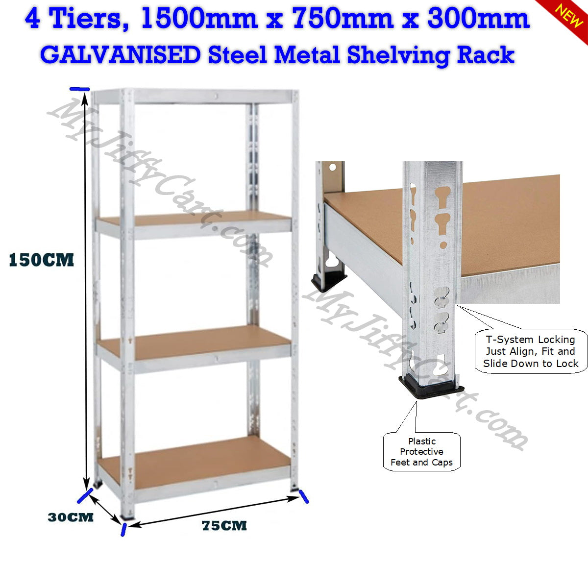 4 TIERS GALVANISED STEEL (150x75x30)cm BOLTLESS SCREWLESS METAL SHELVING RACKING FOR SHED GARAGE HOME OFFICE BUSINESS WAREHOUSE