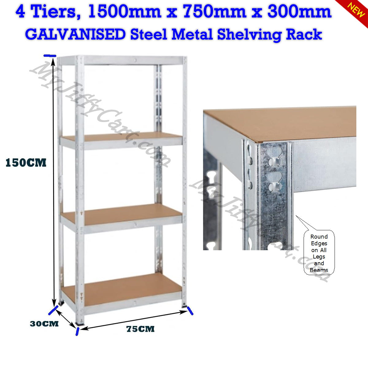 4 TIERS GALVANISED STEEL (150x75x30)cm BOLTLESS SCREWLESS METAL SHELVING RACKING FOR SHED GARAGE HOME OFFICE BUSINESS WAREHOUSE