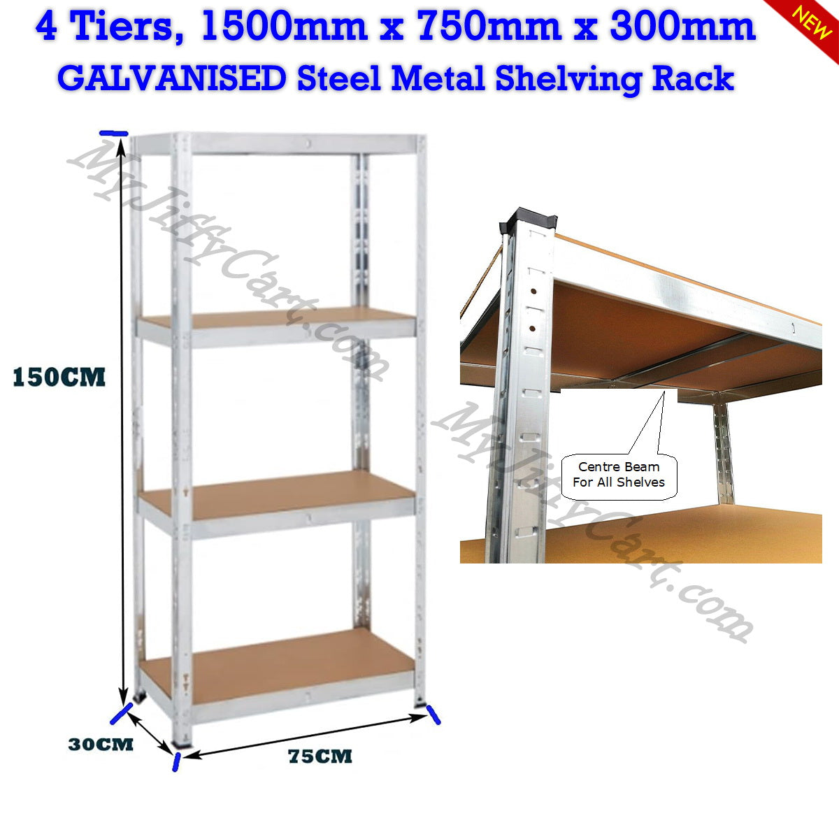 4 TIERS GALVANISED STEEL (150x75x30)cm BOLTLESS SCREWLESS METAL SHELVING RACKING FOR SHED GARAGE HOME OFFICE BUSINESS WAREHOUSE