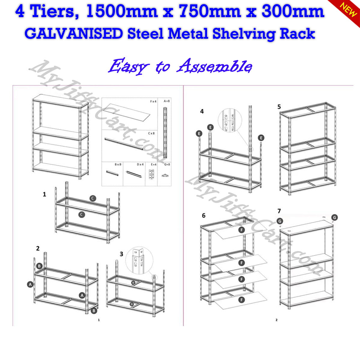 4 TIERS GALVANISED STEEL (150x75x30)cm BOLTLESS SCREWLESS METAL SHELVING RACKING FOR SHED GARAGE HOME OFFICE BUSINESS WAREHOUSE