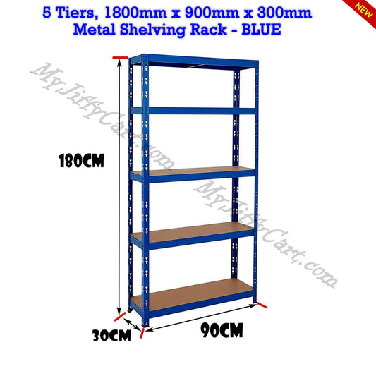 5 TIERS BLUE STEEL (180x90x30)cm BOLTLESS SCREWLESS METAL SHELVING RACKING FOR SHED GARAGE HOME OFFICE BUSINESS WAREHOUSE