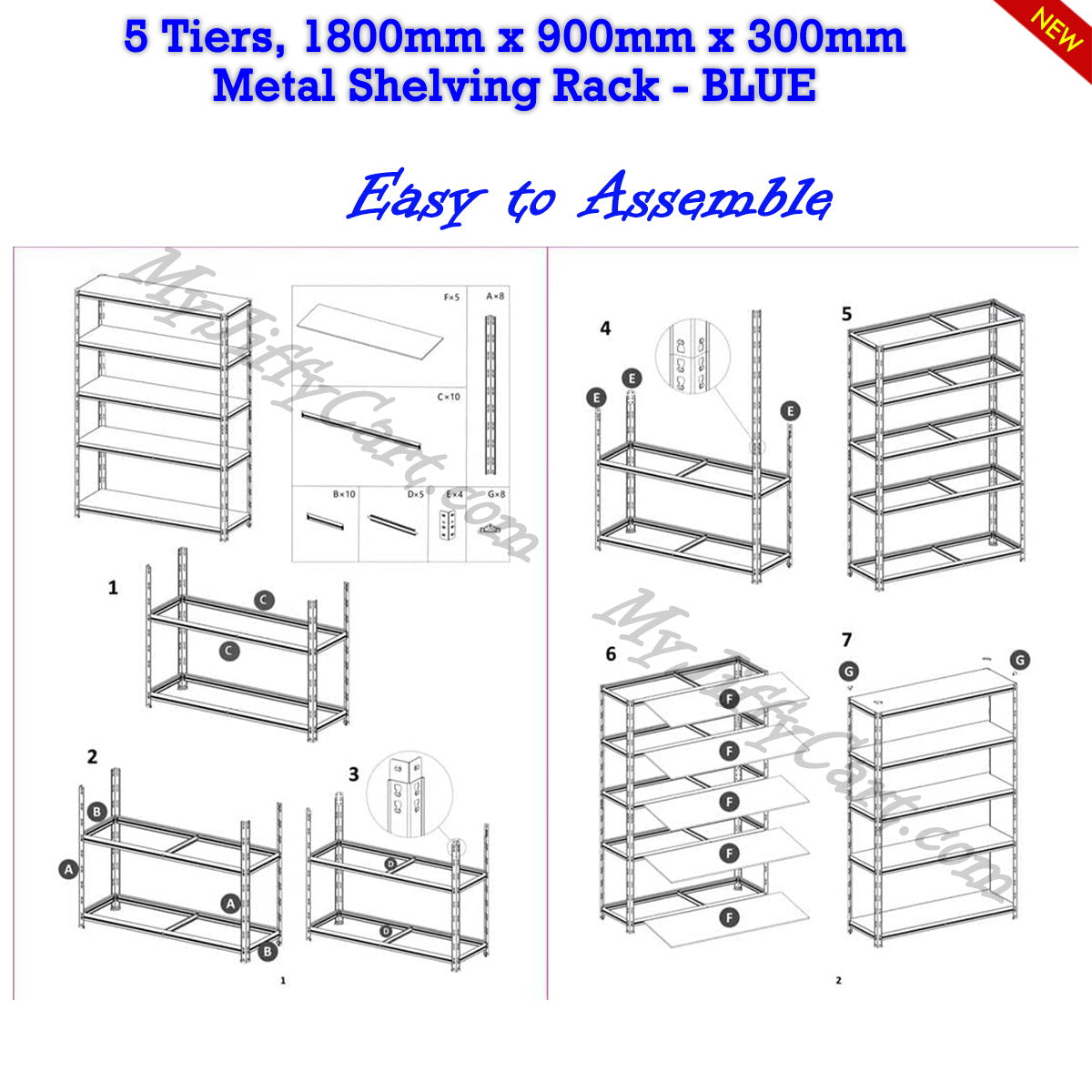 5 TIERS BLUE STEEL (180x90x30)cm BOLTLESS SCREWLESS METAL SHELVING RACKING FOR SHED GARAGE HOME OFFICE BUSINESS WAREHOUSE