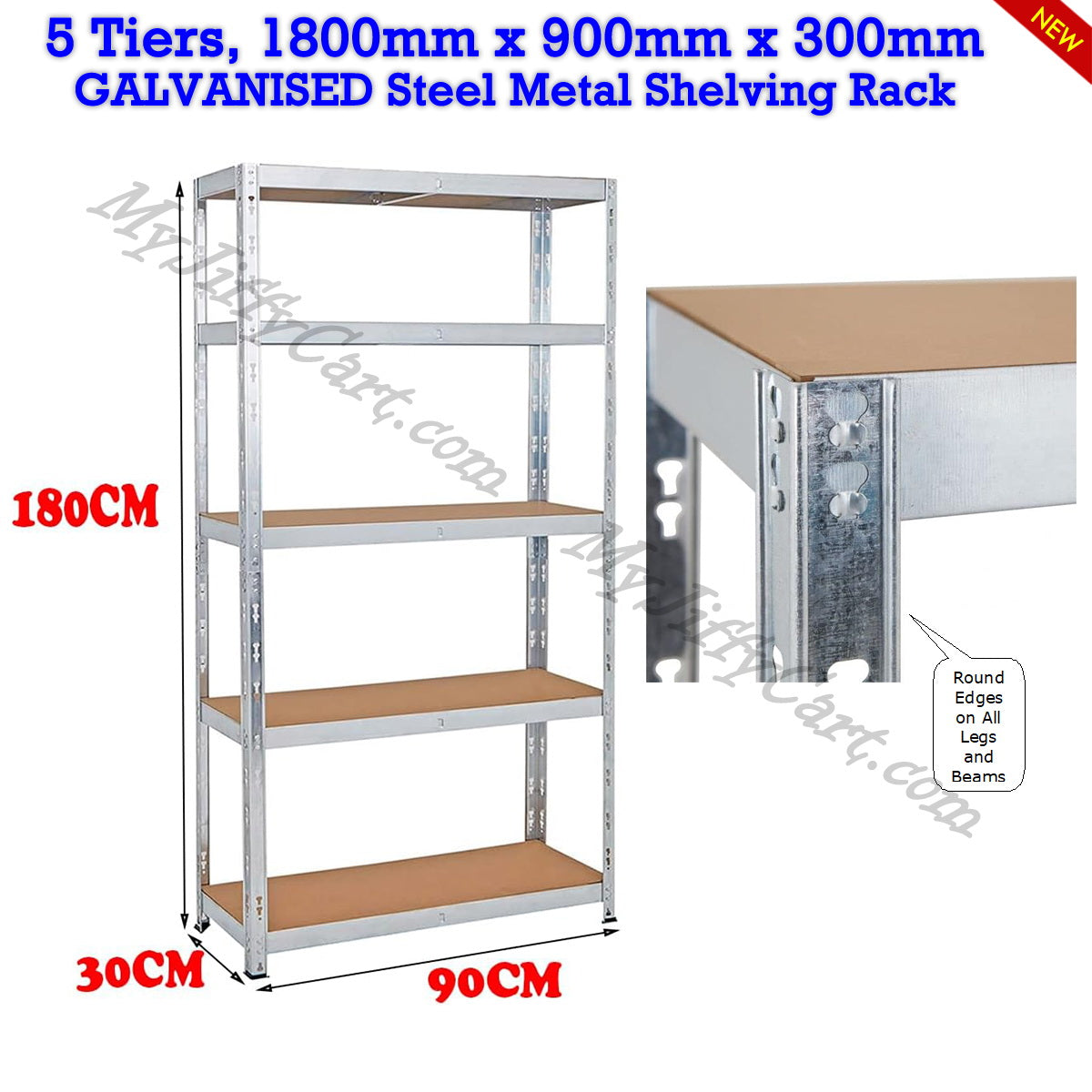 5 TIERS GALVANISED STEEL (180x90x30)cm BOLTLESS SCREWLESS METAL SHELVING RACKING FOR SHED GARAGE HOME OFFICE BUSINESS WAREHOUSE