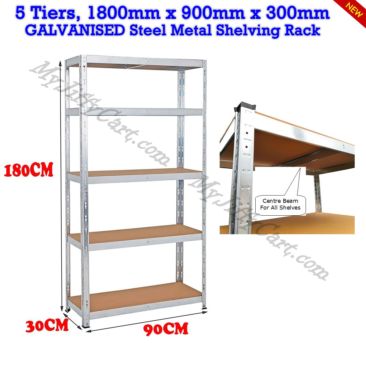5 TIERS GALVANISED STEEL (180x90x30)cm BOLTLESS SCREWLESS METAL SHELVING RACKING FOR SHED GARAGE HOME OFFICE BUSINESS WAREHOUSE