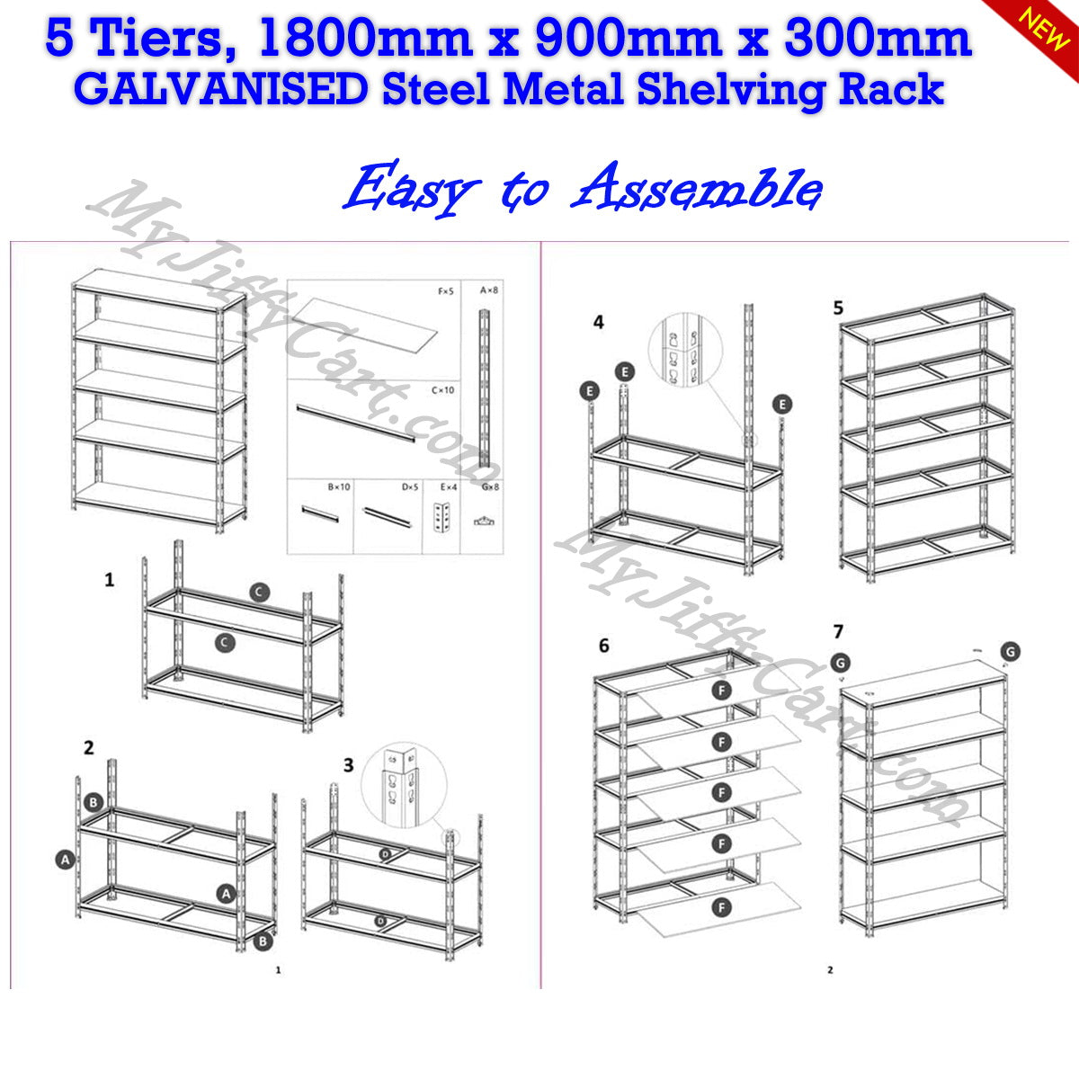 5 TIERS GALVANISED STEEL (180x90x30)cm BOLTLESS SCREWLESS METAL SHELVING RACKING FOR SHED GARAGE HOME OFFICE BUSINESS WAREHOUSE