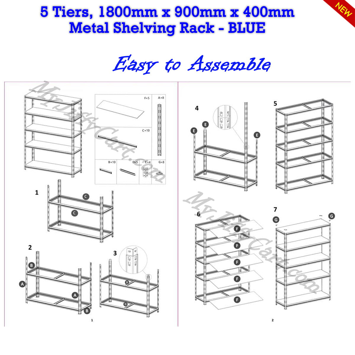 5 TIERS BLUE STEEL (180x90x40)cm BOLTLESS SCREWLESS METAL SHELVING RACKING FOR SHED GARAGE HOME OFFICE BUSINESS WAREHOUSE