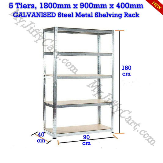 5 TIERS GALVANISED STEEL (180x90x40)cm BOLTLESS SCREWLESS METAL SHELVING RACKING FOR SHED GARAGE HOME OFFICE BUSINESS WAREHOUSE