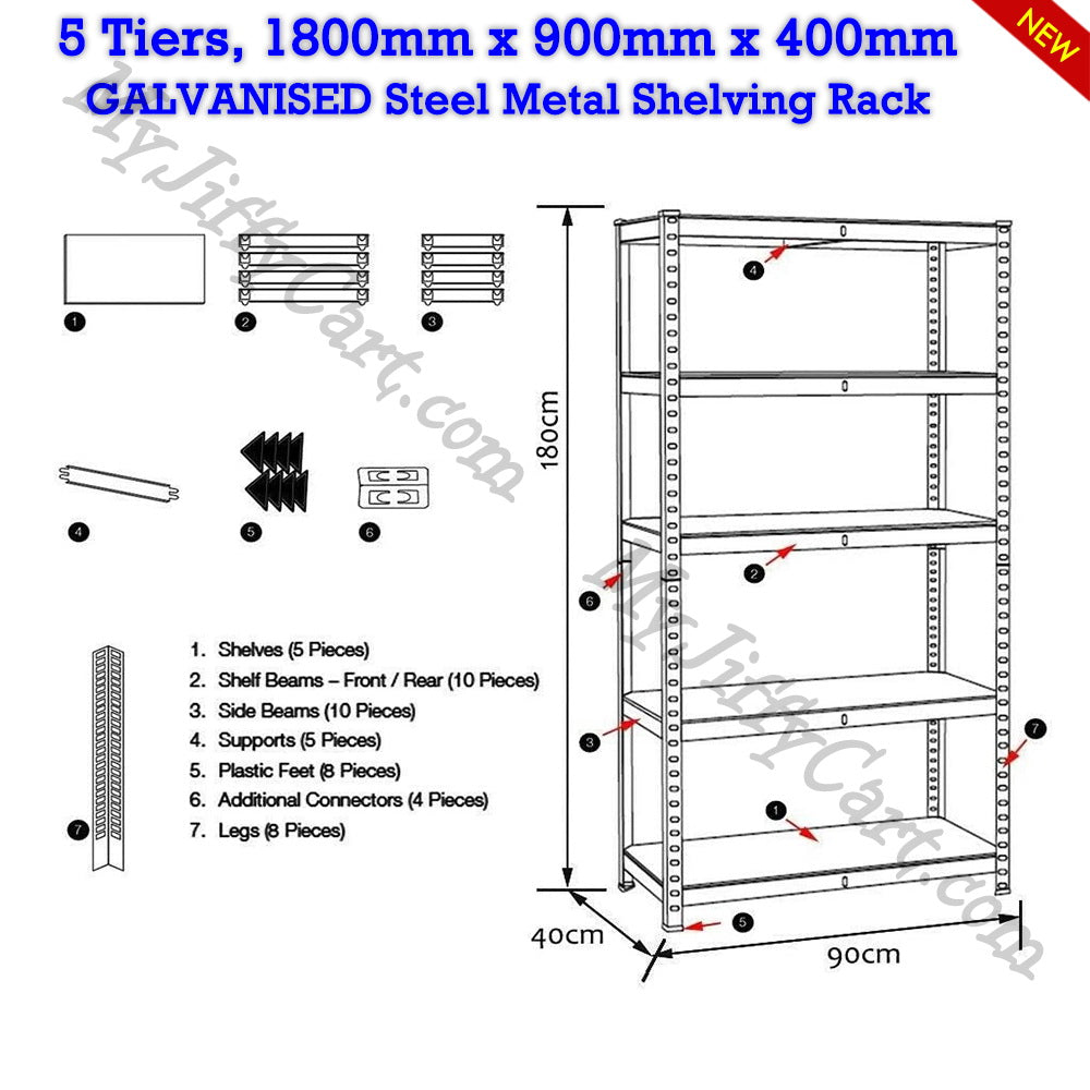 5 TIERS GALVANISED STEEL (180x90x40)cm BOLTLESS SCREWLESS METAL SHELVING RACKING FOR SHED GARAGE HOME OFFICE BUSINESS WAREHOUSE