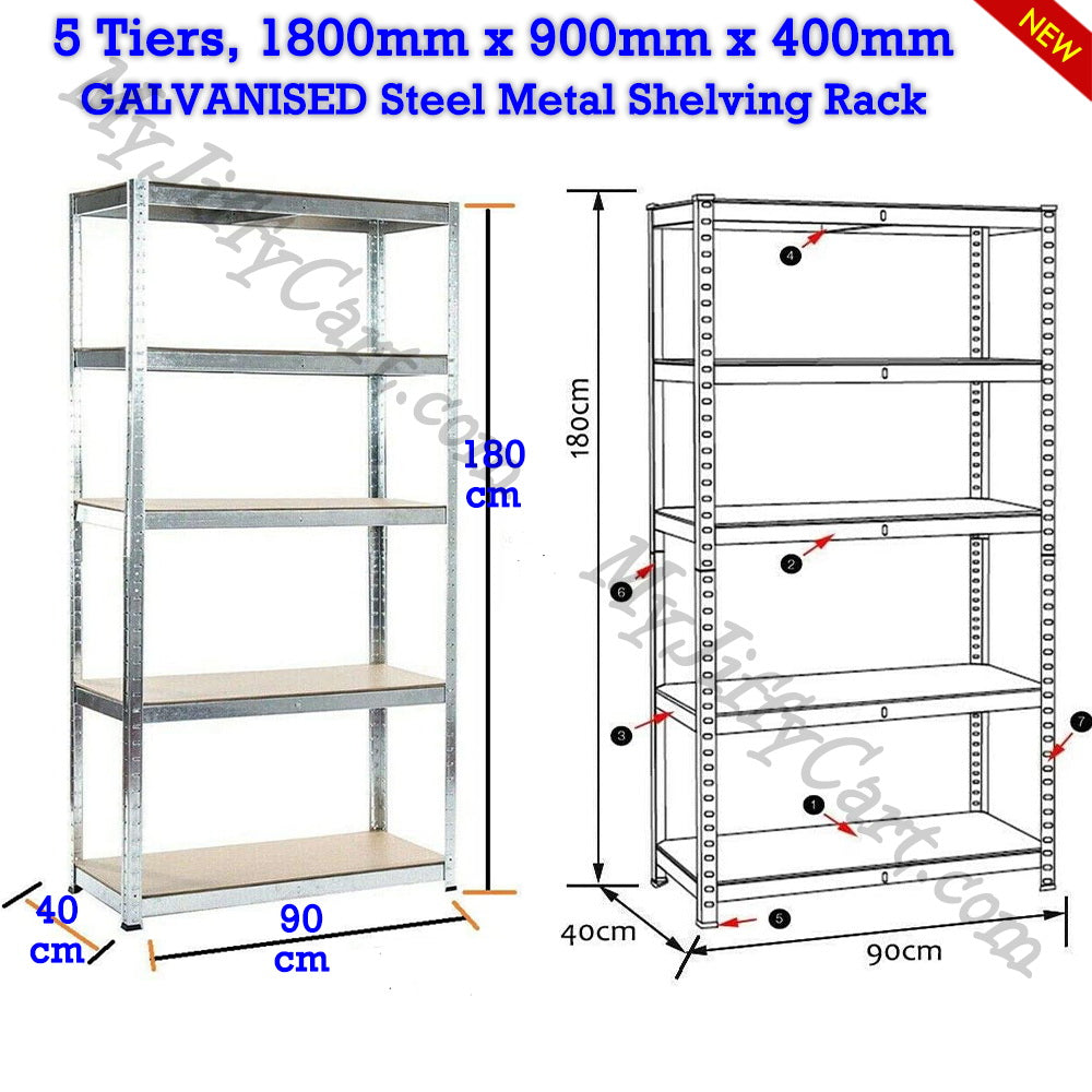 5 TIERS GALVANISED STEEL (180x90x40)cm BOLTLESS SCREWLESS METAL SHELVING RACKING FOR SHED GARAGE HOME OFFICE BUSINESS WAREHOUSE