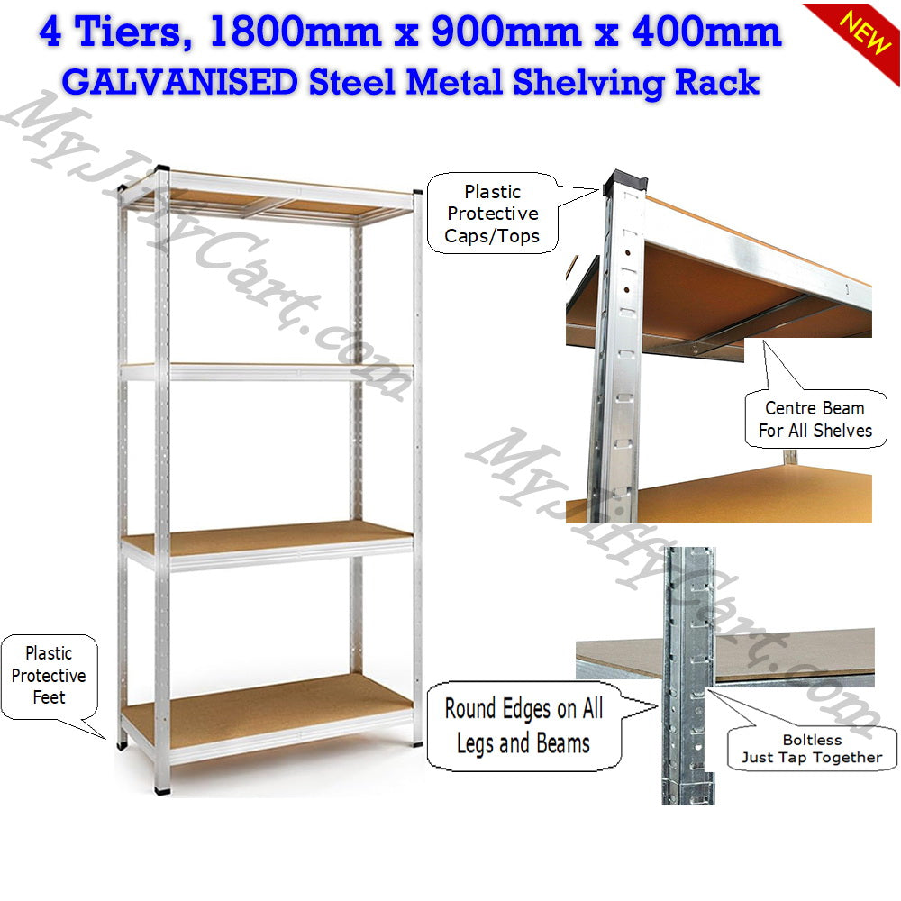 4 TIERS GALVANISED STEEL (180x90x40)cm BOLTLESS SCREWLESS METAL SHELVING RACKING FOR SHED GARAGE HOME OFFICE BUSINESS WAREHOUSE