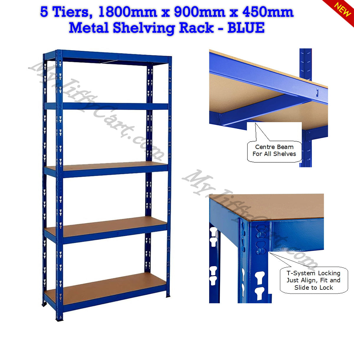 5 TIERS BLUE STEEL (180x90x45)cm BOLTLESS SCREWLESS METAL SHELVING RACKING FOR SHED GARAGE HOME OFFICE BUSINESS WAREHOUSE