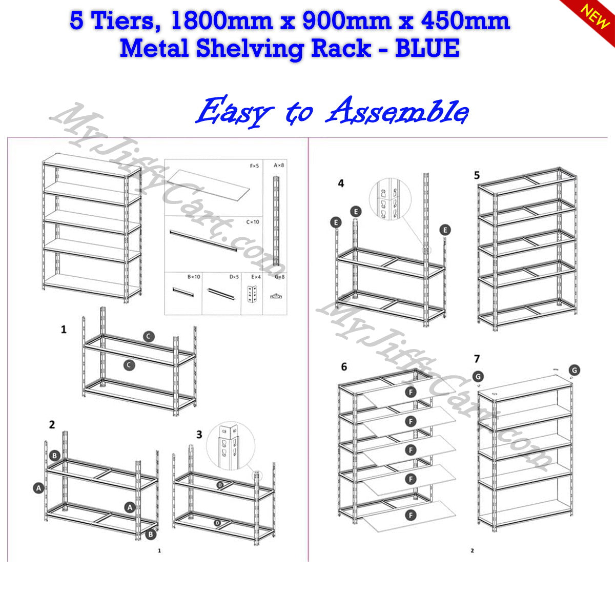5 TIERS BLUE STEEL (180x90x45)cm BOLTLESS SCREWLESS METAL SHELVING RACKING FOR SHED GARAGE HOME OFFICE BUSINESS WAREHOUSE