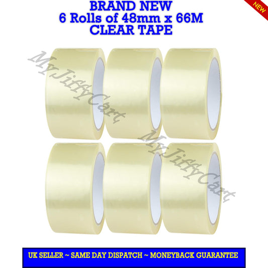 6 ROLLS OF 48mm X 66M CLEAR CARTON SEALING STRONG ADHESIVE TAPE