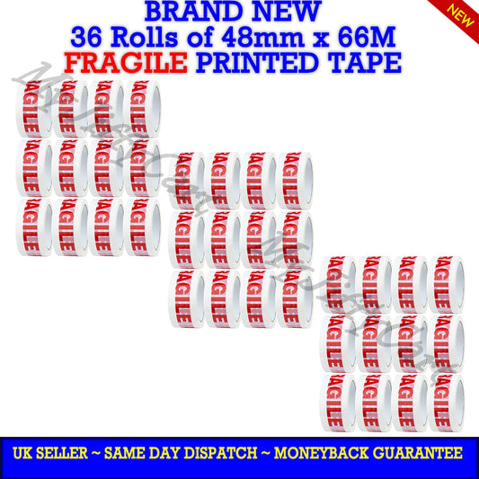 36 ROLLS OF 48mm X 66M FRAGILE PRINTED CARTON SEALING STRONG ADHESIVE TAPE