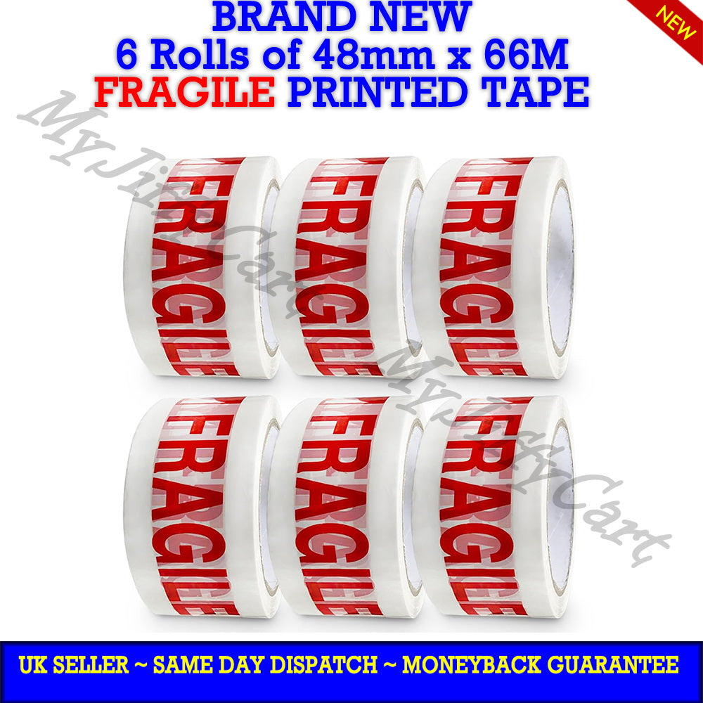 6 ROLLS OF 48mm X 66M FRAGILE PRINTED CARTON SEALING STRONG ADHESIVE TAPE